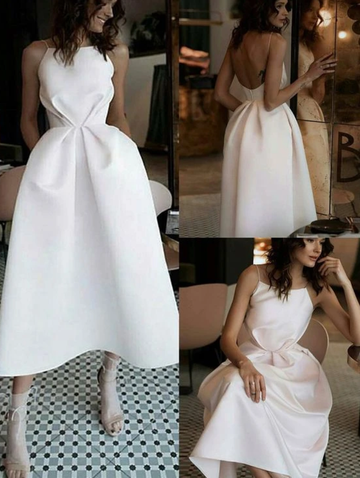 A-Line Spaghetti Straps Backless Tea-Length White Prom Dress HZ1023